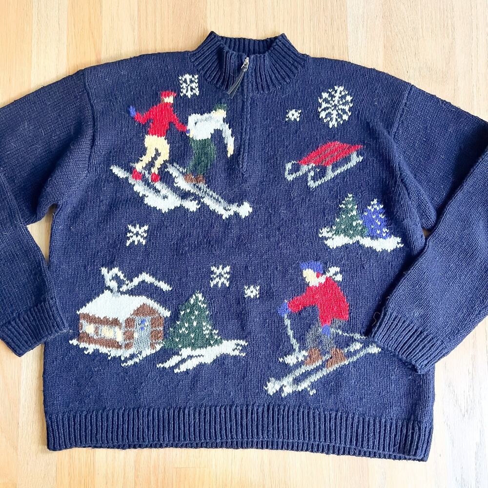 Vintage Hand Knit Ski Sweater Sz Medium Jones New York Sport Winter Preppy